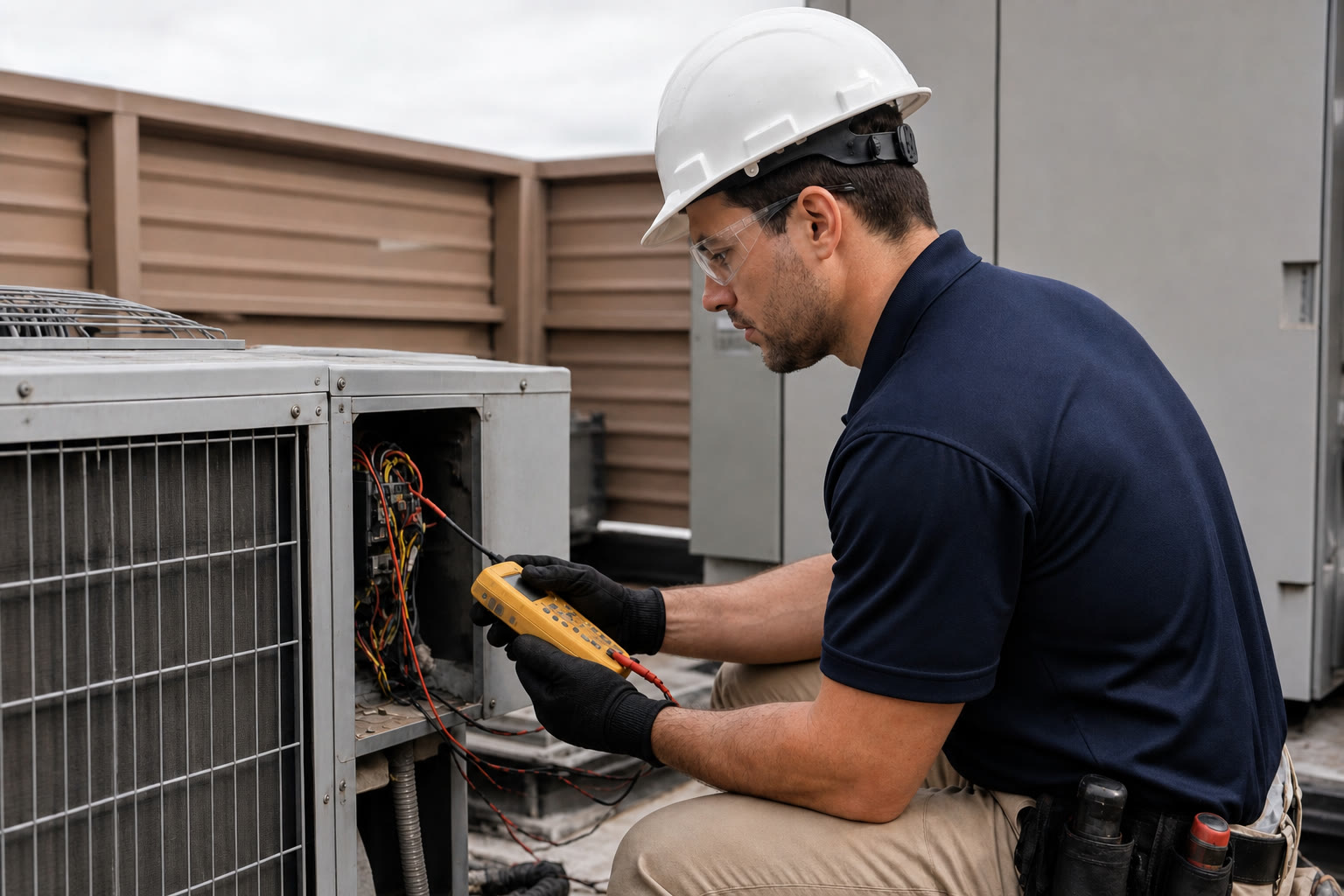 HVAC technician testing a condenser unit with a multimeter