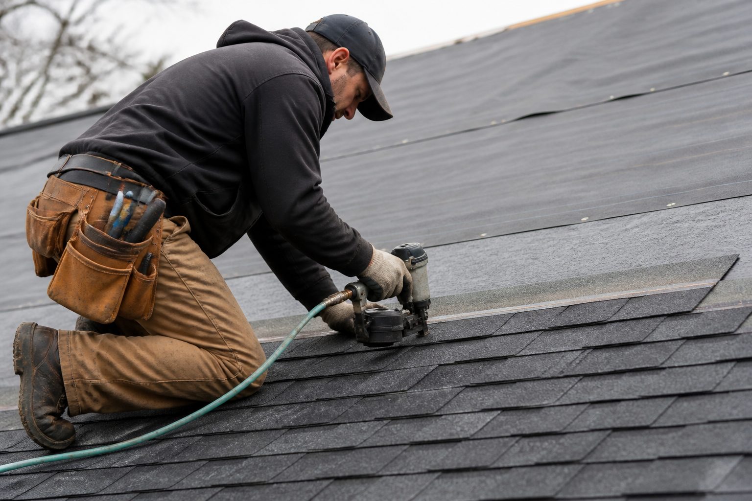 A roofer nailing down shingles mid-job on a residential roof